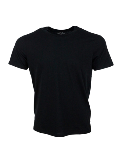 Armani Collezioni Short-sleeved Crew-neck T-shirt With Small Studded Logo On The Chest And Bottom In Blu