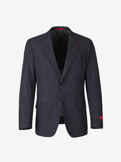 Isaia Checked Wool Blazer In Denim Blue