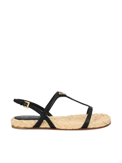 Prada Leather Thong Slingback Espadrille Sandals In Black