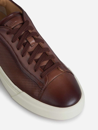 Santoni Leather Perforated Sneakers In Brown