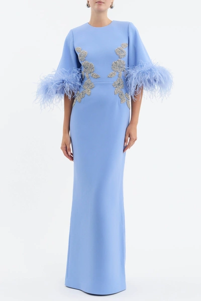 Rebecca Vallance Juliana Feather-cuff Embroidered Gown In Blue