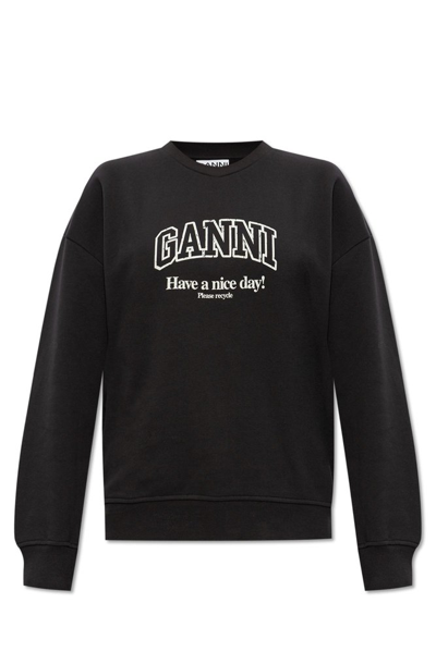 Ganni Logo Organic Cotton Sweatshirt In Black
