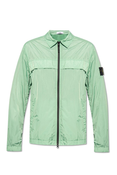 Stone Island Logo Patch Zip Up Jacket In Green