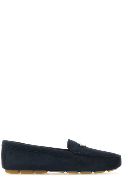 Prada Suede Bow Driver Loafers In Blue