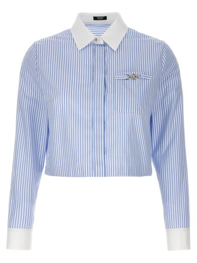 Versace Oxford Striped Crop Shirt In Light Blue