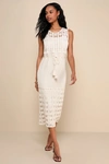 Lulus Beachy Energy Beige Crochet Cutout Sleeveless Midi Dress In Beige
