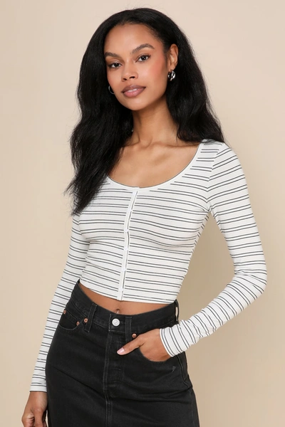 Lulus Charming Lifestyle Ivory And Black Striped Long Sleeve Crop Top