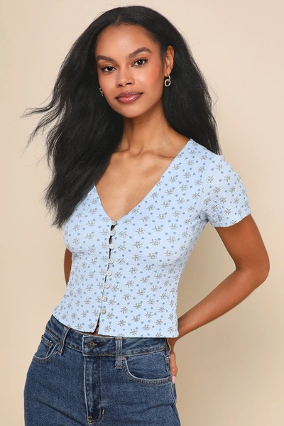 Lulus My Everyday Best Blue Floral Print Short Sleeve Button-front Top