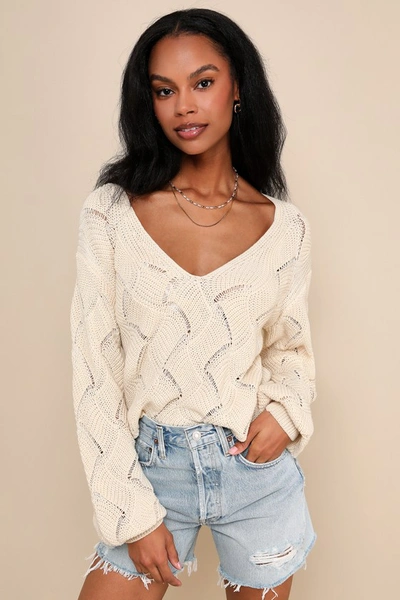 Lulus Cute Lifestyle Cream Pointelle Knit V-neck Sweater Top In White