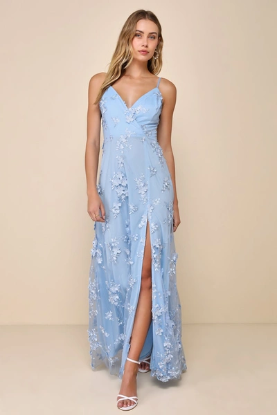 Lulus Rare Presence Powder Blue 3d Floral Surplice Maxi Dress