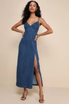 LULUS CRUSH-WORTHY TREND DARK WASH DENIM SLEEVELESS MIDI DRESS