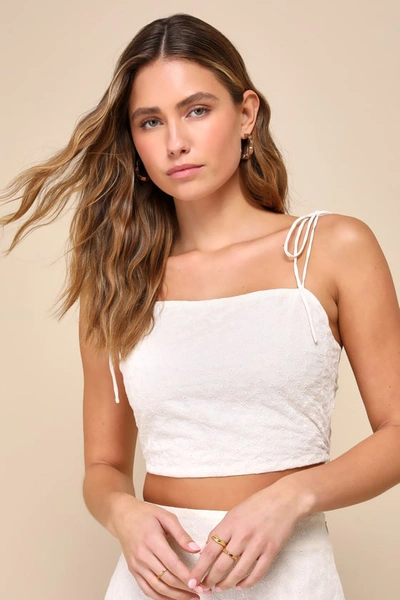 Lulus Pretty Bliss Cream Floral Embroidered Tie-strap Crop Top In White