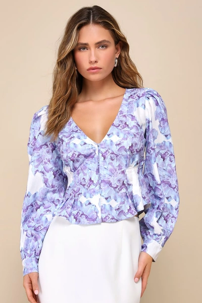 Lulus Amazing Aesthetic White And Blue Floral Print Long Sleeve Top