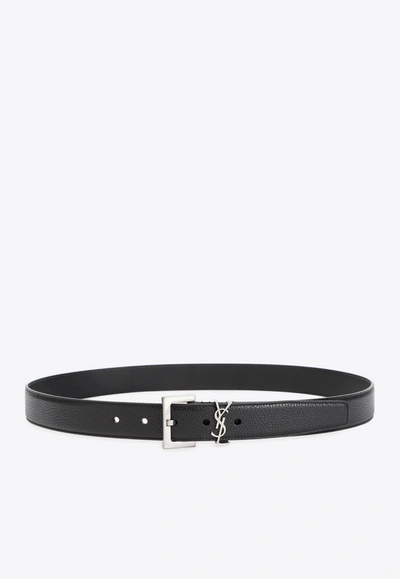 Saint Laurent Cassandre Belt In Grained Leather In Black