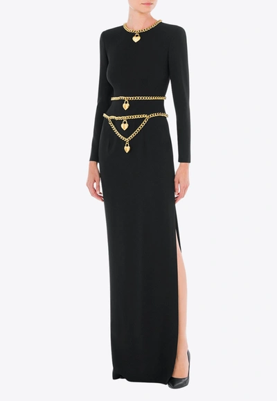 Moschino Chain Heart-lock Charm Satin Maxi Dress In Black