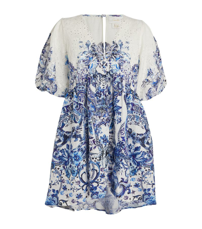 Camilla X Royal Delft Linen Puff Sleeve Mini Dress In Blue