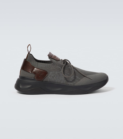 Berluti Embroidered Leather-trimmed Sneakers In Grey