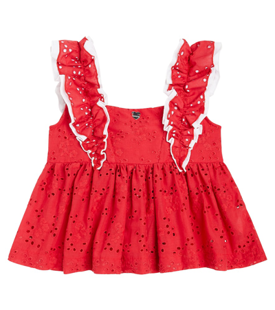 Monnalisa Kids' Embroidered Cotton Muslin Top In Red