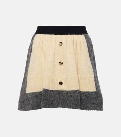 Loewe Buttoned Knitted Wool Mini Skirt In Yellow & Grey