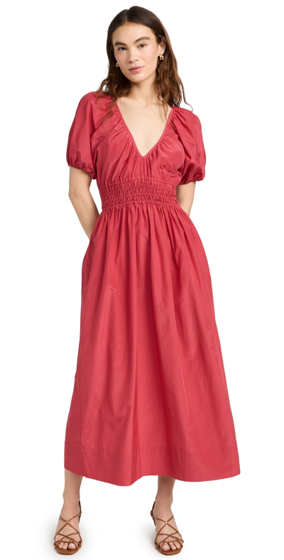 Faithfull The Brand Teatro Puff-sleeve Silk And Cotton Blend Dress In Crimson