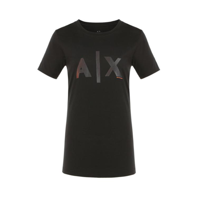 Armani Exchange 女士洋气百搭撞色经典logo短袖t恤 In Black