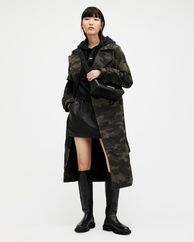 Allsaints Mixie Camouflage Relaxed Fit Trench Coat In Camo Brown
