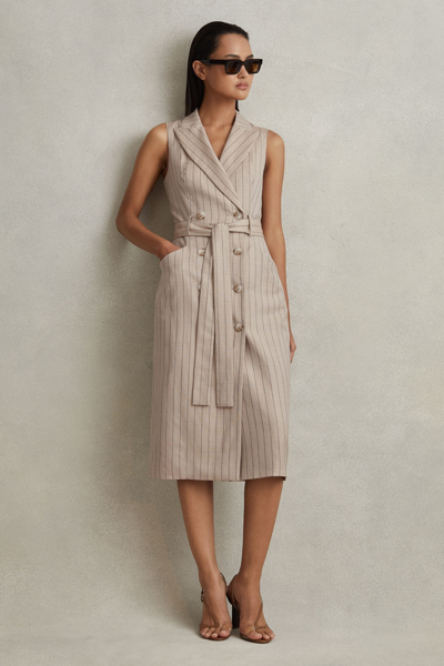 REISS ANDIE - NEUTRAL WOOL BLEND STRIPED DOUBLE BREASTED MIDI DRESS, US 10