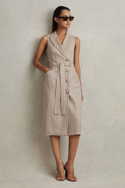 REISS NEUTRAL ANDIE WOOL BLEND STRIPED DOUBLE BREASTED MIDI DRESS