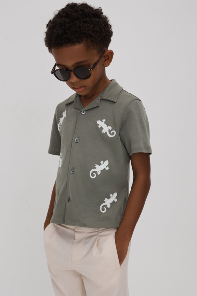 Reiss Kids' Thar - Sage/white Junior Cotton Reptile Patch Cuban Collar Shirt, Age 6-7 Years