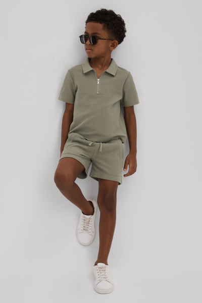 Reiss Kids' Felix - Pistachio Junior Textured Cotton Half-zip Polo Shirt, Age 8-9 Years