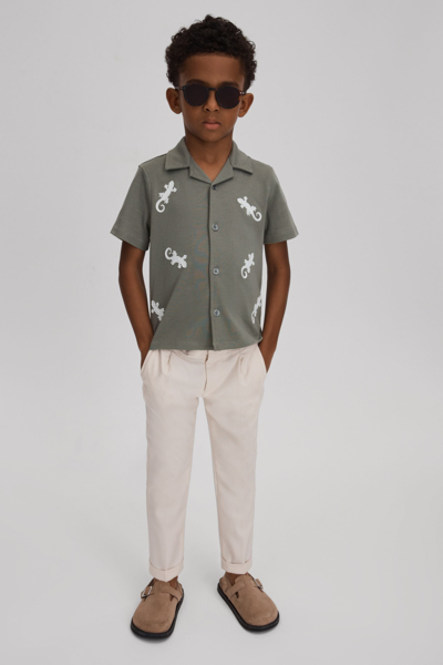Reiss Kids' Thar - Sage/white Cotton Reptile Patch Cuban Collar Shirt, Uk 11-12 Yrs