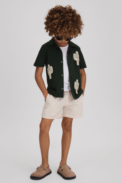 Reiss Kids' Stan - Dark Green Cotton Cactus Patch Cuban Collar Shirt, Uk 12-13 Yrs