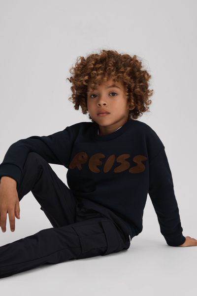 Reiss Kids' Bryant - Navy Cotton Motif Crew Neck Sweatshirt, Age 4-5 Years