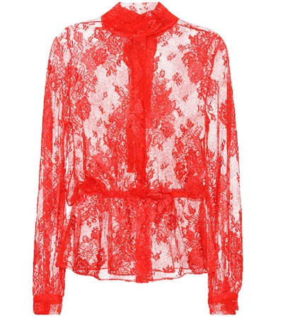 Balenciaga Lace Scarf-tie Blouse, Red