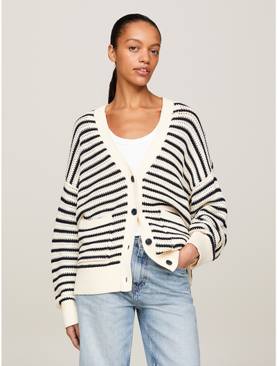 Tommy Hilfiger Oversized Crochet Stripe Cardigan In Calico/navy Stripe