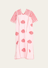 PIPPA HOLT THREE-PANEL MIDI KAFTAN IN WHITE AND PINK STRIPE WITH RED SHELLS DESIGN