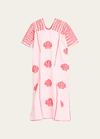 Pippa Holt Three-panel Midi Kaftan In White And Pink Stripe With Red Shells Design In Pink
