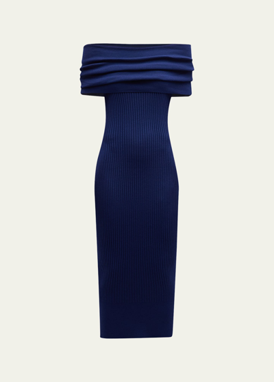 Alexander Mcqueen Off-shoulder Wool-blend Knit Midi Dress In Denim Blue