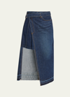 SACAI PLEATED DENIM SKIRT WITH BELTED OVERLAY