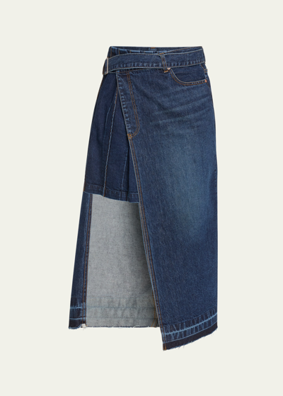 Sacai Pleated Denim Skirt With Belted Overlay In Blue