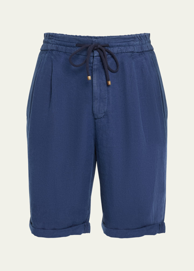 Brunello Cucinelli Men's Linen Double-pleated Drawstring Shorts In Blue