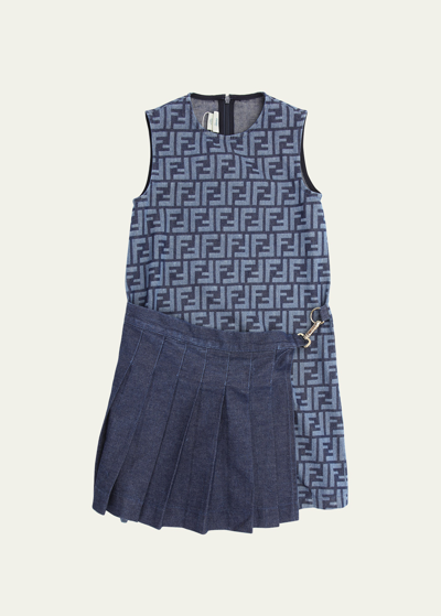 Fendi Kids' Girl's Ff Allover Pattern Denim Dress In F0qg0 Dark Blue