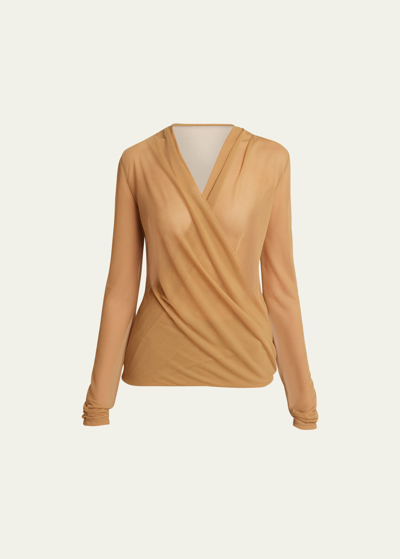 Givenchy Sheer Chiffon Front Cross Drape Top In Natural Beige