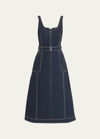 SIMKHAI MANSON SLEEVELESS BELTED COTTON-BLEND MIDI DRESS