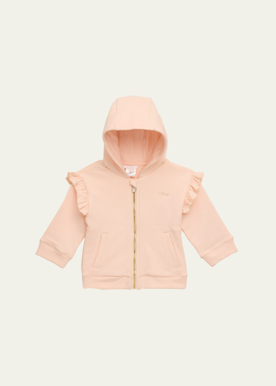 Chloé Kids' Girl's Logo Embroidered Ruffle-trim Hooded Cardigan In Pale Pink