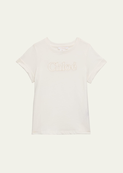 Chloé Kids' Girl's Embroidered Logo Short-sleeve Jersey T-shirt In Off White