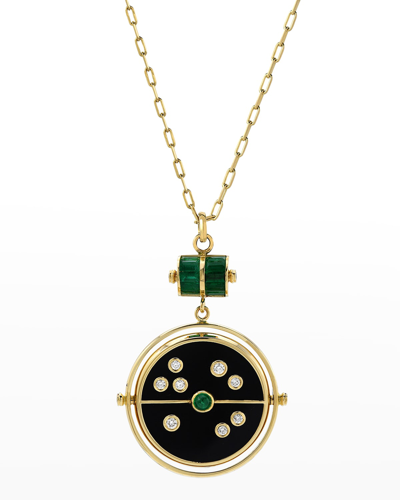 Retrouvai Onyx, Emerald, And Diamond Grandfather Compass Pendant In Gold
