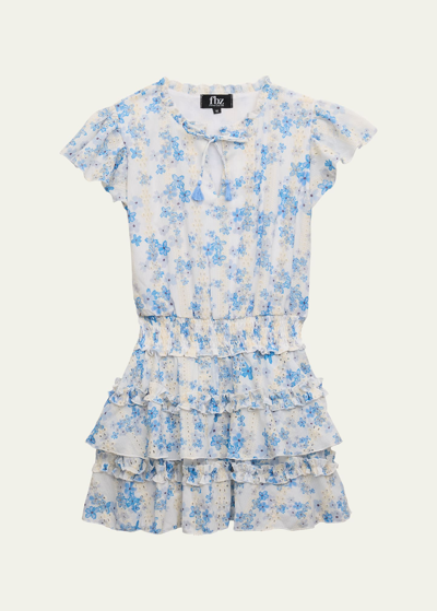 Flowers By Zoe Kids' Girl's Floral-print Tiered Dress In Blue