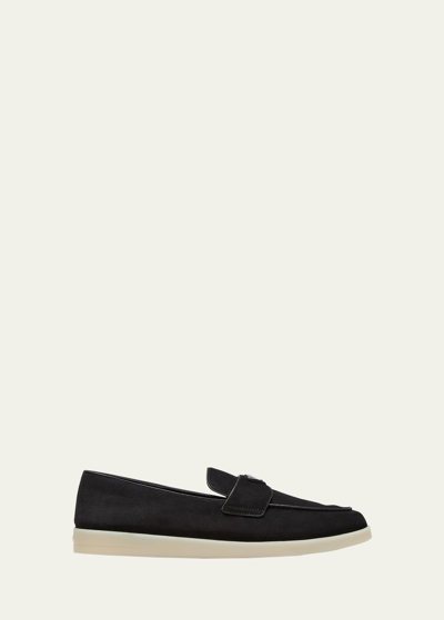 Prada Men's Saint Tropez Triangle Logo Suede Loafers In Black