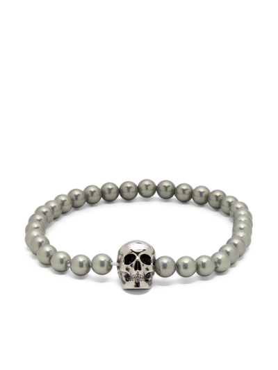 Alexander Mcqueen Grey Skull-charm Pearl Bracelet In Silver